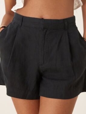 High-Rise Black Tailored Linen-Blend Bermuda Shorts